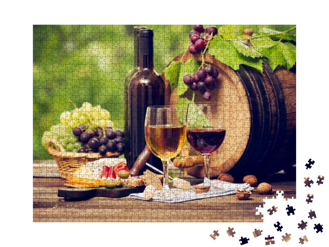 Puzzle 1000 Teile „Wein und Käse auf einem Holztisch “
