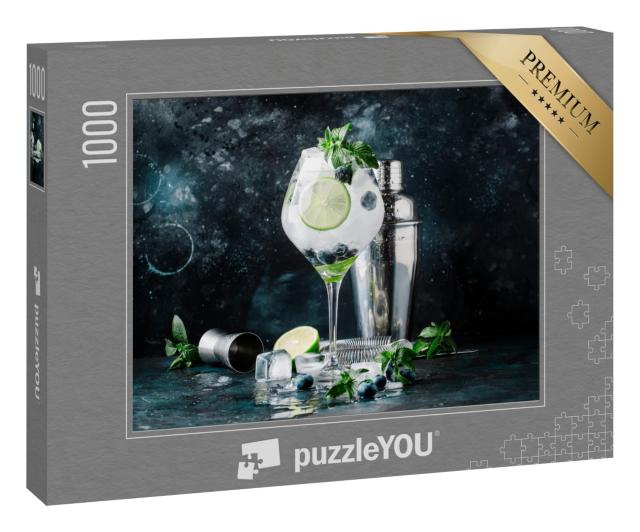 Puzzle 1000 Teile „Cocktail mit Heidelbeeren, Mojito mit Rum, Minze, Limette und Eis“
