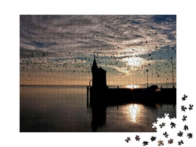 Puzzle 1000 Teile „Hafeneinfahrt von Konstanz im Sonnenaufgang, Bodensee, Deutschland“