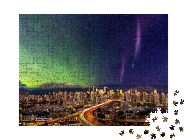 Puzzle 1000 Teile „Das Stadtzentrum von Vancouver mit Polarlicht“