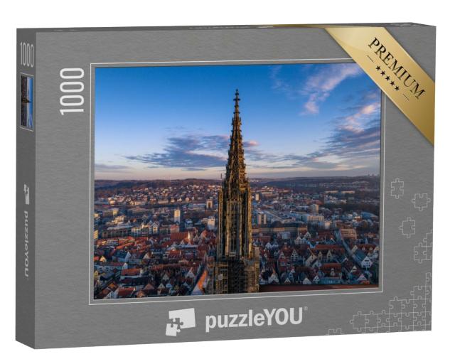 Puzzle 1000 Teile „Ulmer Münster bei Sonnenaufgang, Drohnenaufnahme, Deutschland“