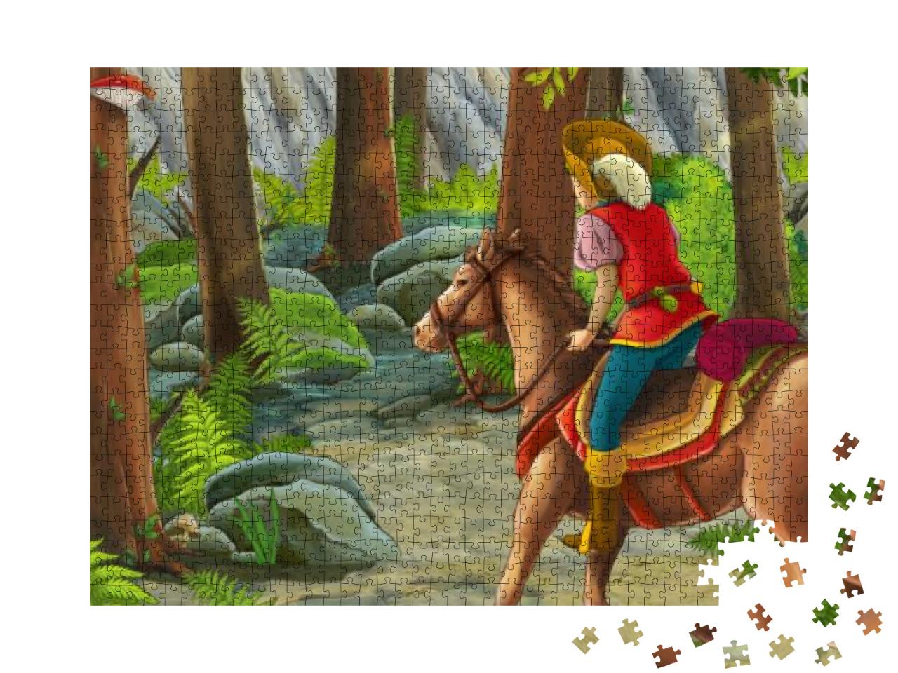 Puzzle 1000 Teile „Cartoon-Szene mit einem Reiter im Wald“