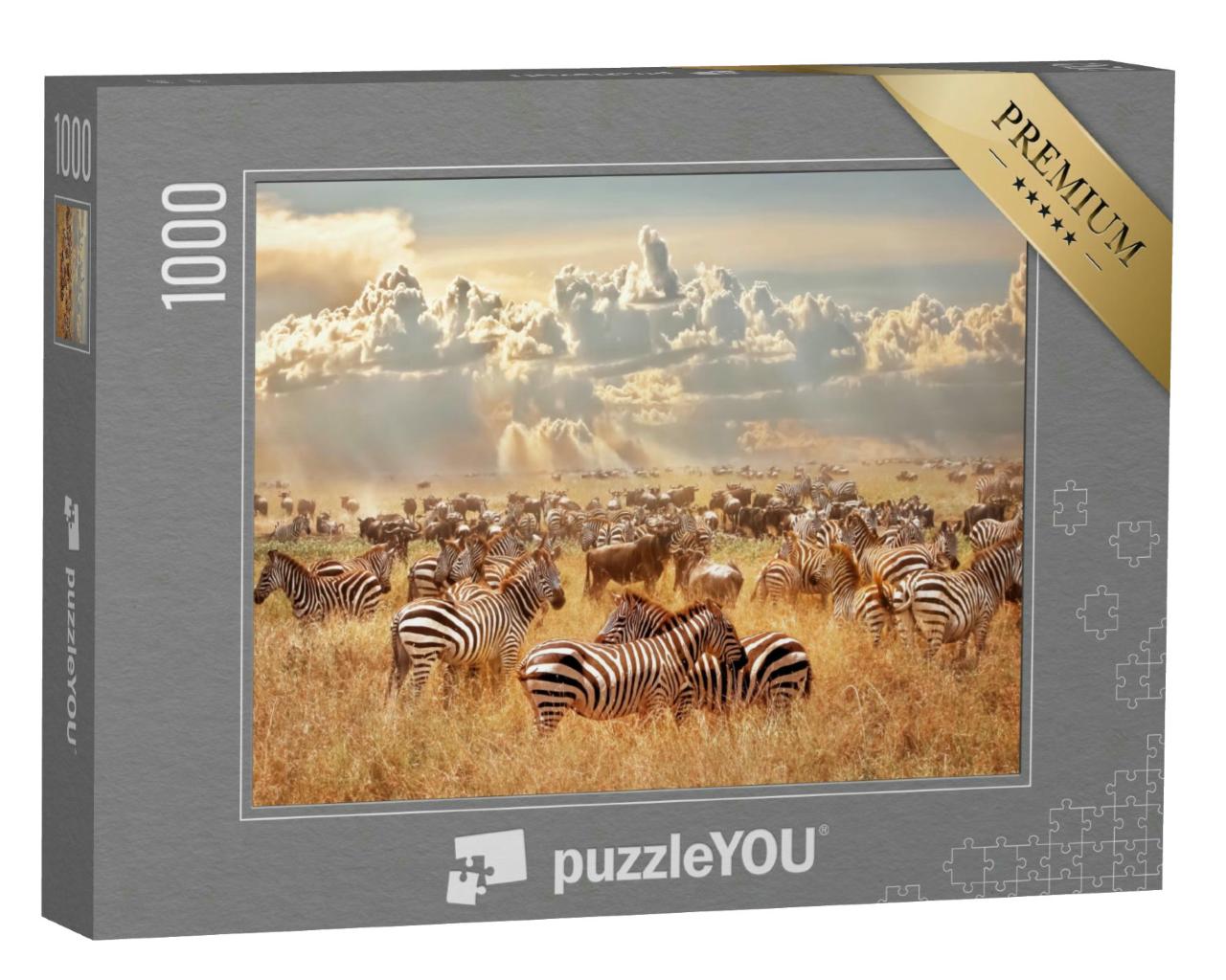 Puzzle 1000 Teile „Wildzebras und Gnus in der afrikanischen Savanne in Tansania“