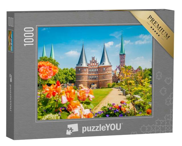 Puzzle 1000 Teile „Postkartenansicht der historischen Stadt Lübeck mit dem berühmten Holstentor“