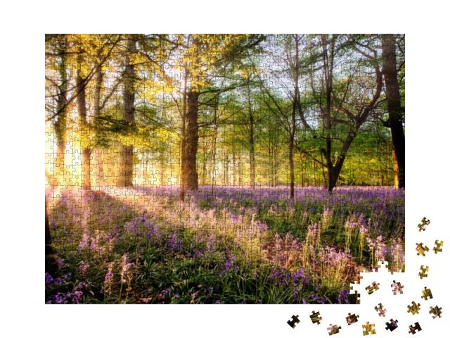 Puzzle 1000 Teile „Glockenblumen im Wald bei Sonnenaufgang“