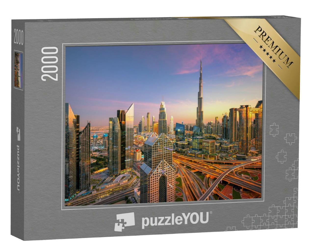 Puzzle 2000 Teile „Luxus-Wolkenkratzer bei Sonnenuntergang, Skyline von Dubai“