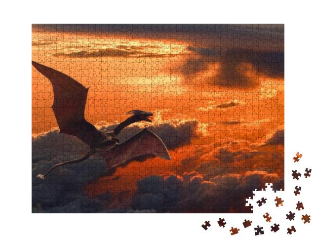 Puzzle 1000 Teile „Drache fliegt über orangefarbene Wolken bei Sonnenuntergang“