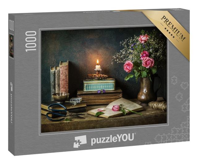 Puzzle 1000 Teile „Stillleben mit  alten Büchern, Boxen und Rosen“