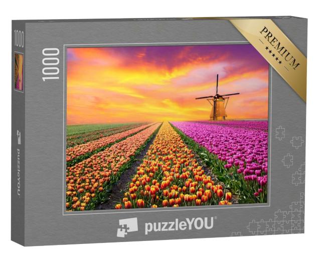 Puzzle 1000 Teile „Landschaft mit Sonnenaufgang über Tulpenfeld in den Niederlanden“
