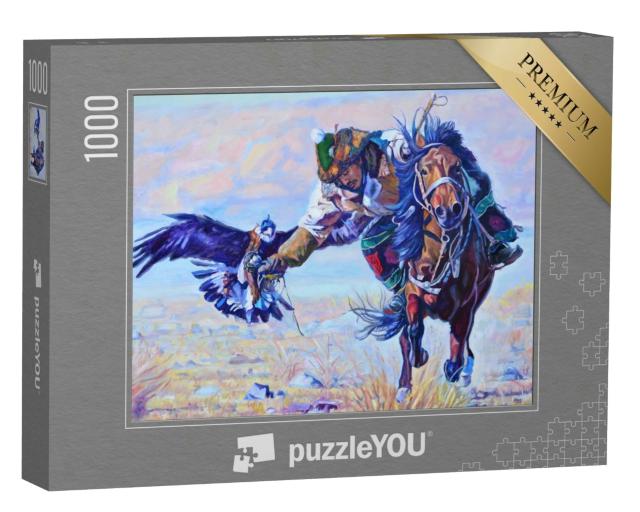 Puzzle 1000 Teile „Mann auf einem Pferd mit einem Adler aus Kasachstan“
