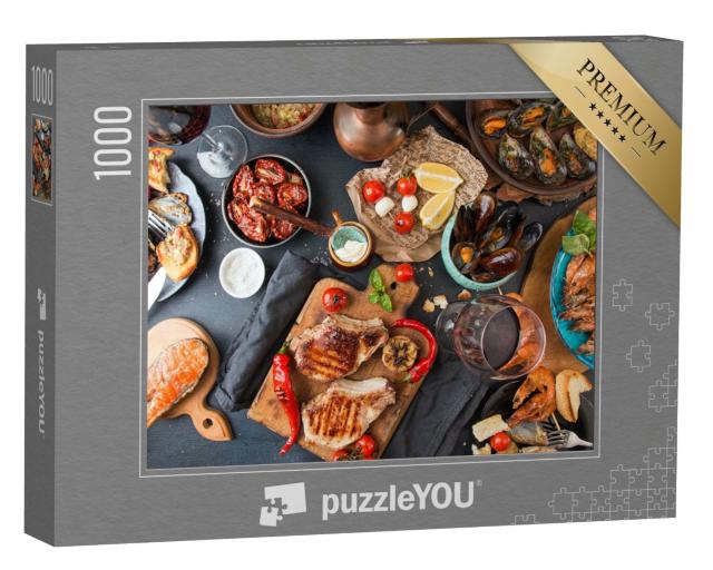 Puzzle 1000 Teile „Fleisch und Meeresfrüchte vom Grill mit Gemüse“
