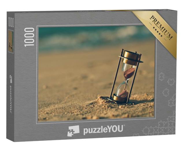 Puzzle 1000 Teile „Sanduhr im Vintage-Stil auf einer Sanddüne am Strand“