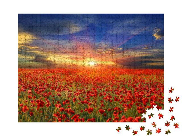 Puzzle 1000 Teile „Sonnenuntergang über Mohnfeld“