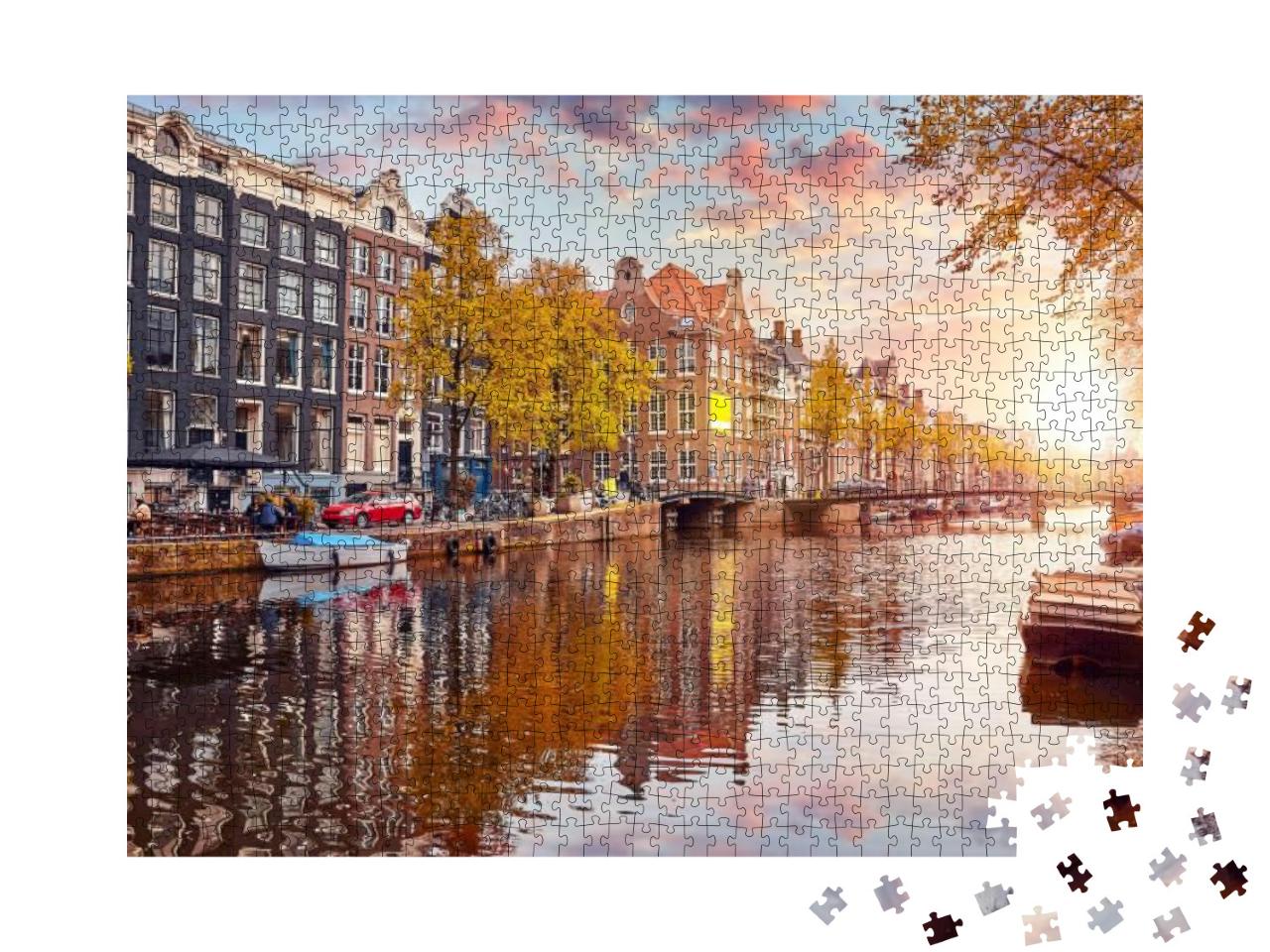 Puzzle 1000 Teile „Warmes Sonnenlicht am Kanal in Amsterdam, Niederlande“