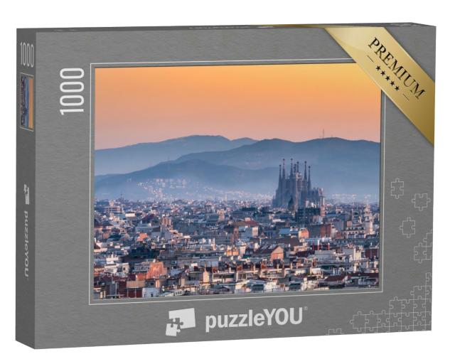 Puzzle 1000 Teile „Blick auf Barcelona mit der Sagrada Familia bei Sonnenaufgang, Spanien“