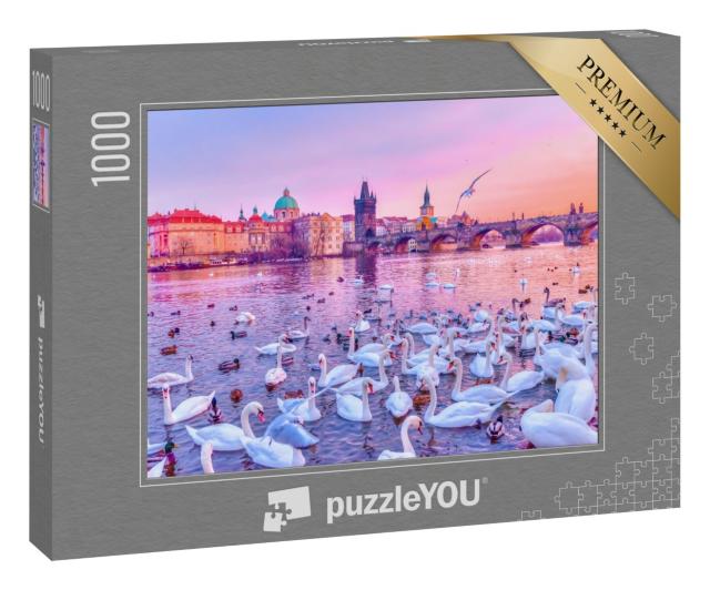 Puzzle 1000 Teile „Schwäne auf der Moldau, Sonnenuntergang in Prag“