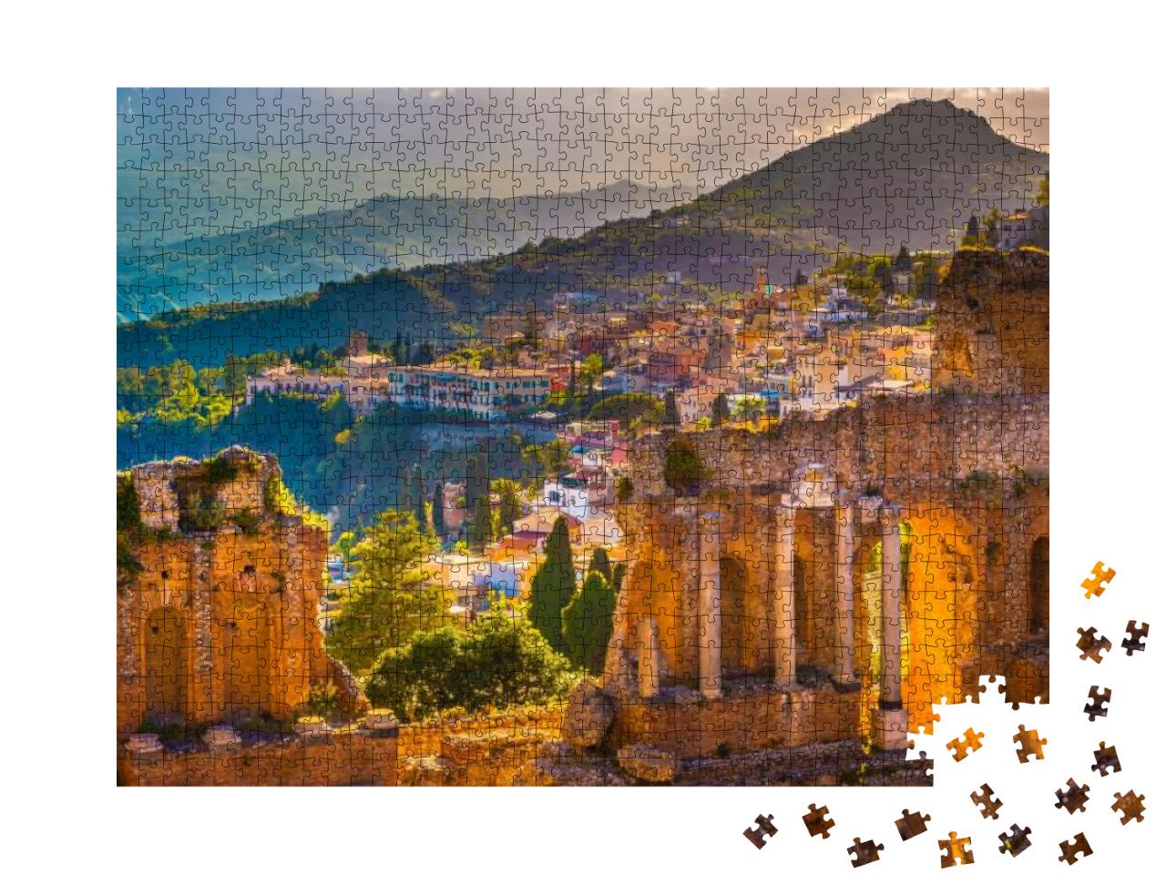Puzzle 1000 Teile „Ruinen von Taormina: Theater bei Sonnenuntergang, Sizilien, Italien“