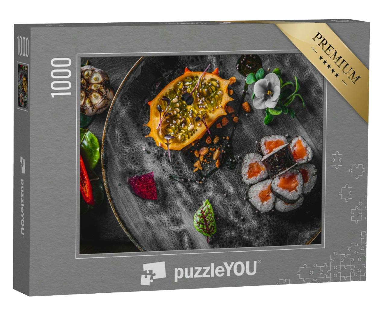 Puzzle 1000 Teile „Maki mit Lachs, Früchten und Blatt- und Blumendekorationen“
