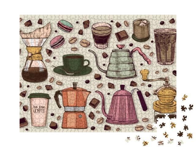 Puzzle 1000 Teile „Vektor-Grafik im Vintagestil: Kaffeekannen und mehr“