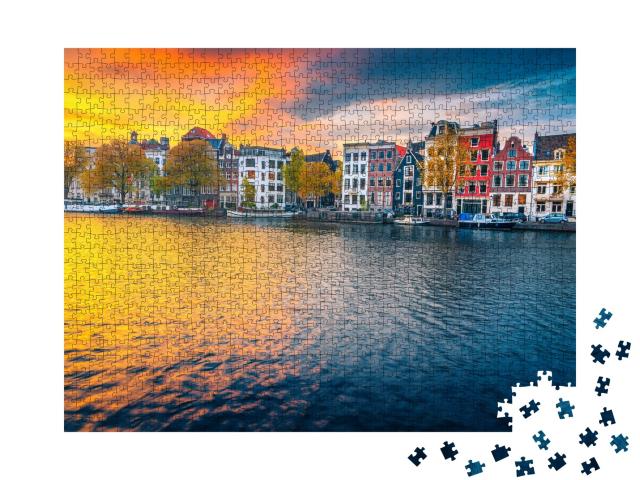 Puzzle 1000 Teile „Kanal im Sonnenuntergang, Amsterdam, Niederlande“