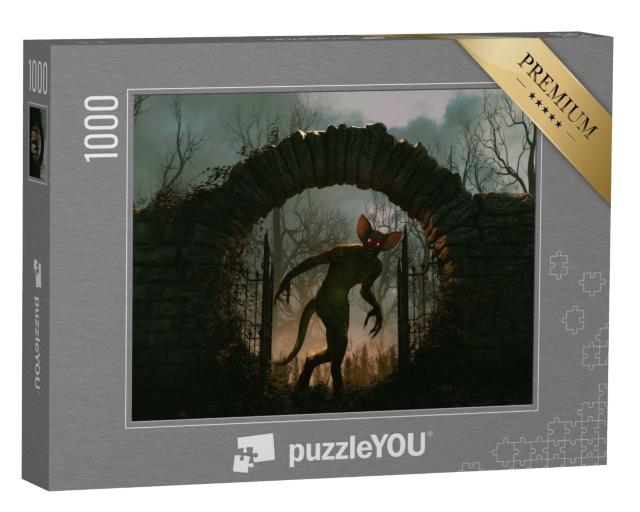 Puzzle 1000 Teile „Gruseliges Monster schleicht durch ein dunkles Steintor“