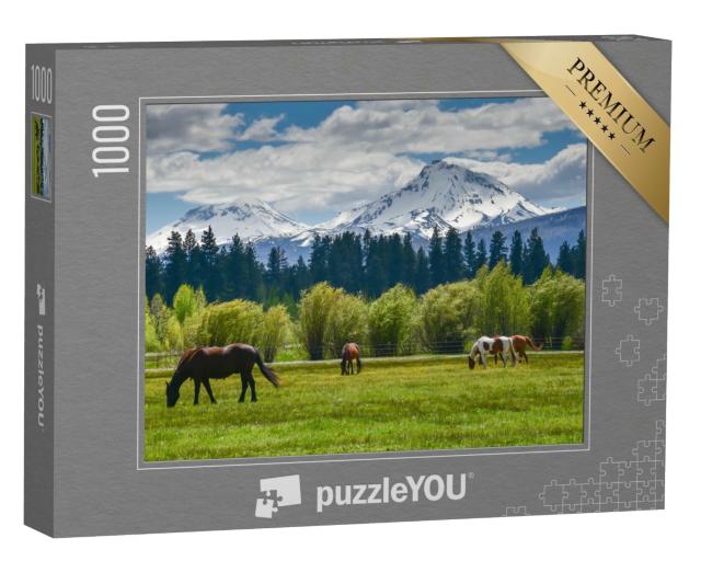 Puzzle 1000 Teile „Pferde an der Cascade Mountain Range, Oregon, USA“