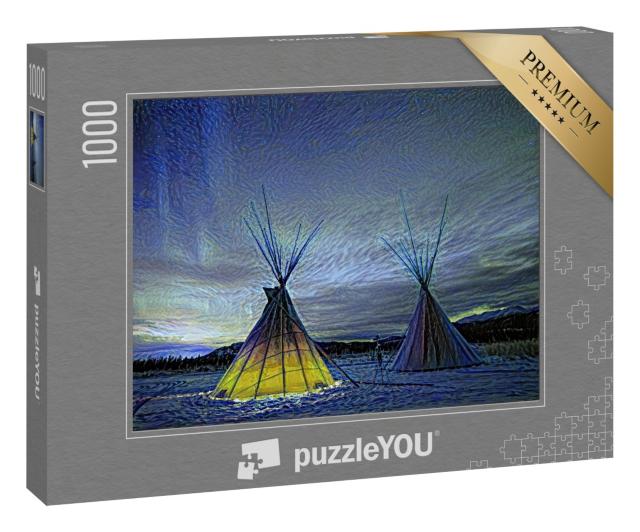 Puzzle 1000 Teile „im Kunst-Stil von van Gogh, Sternennacht - Tipies unter dem Nordlicht in Yukon, Kanada“
