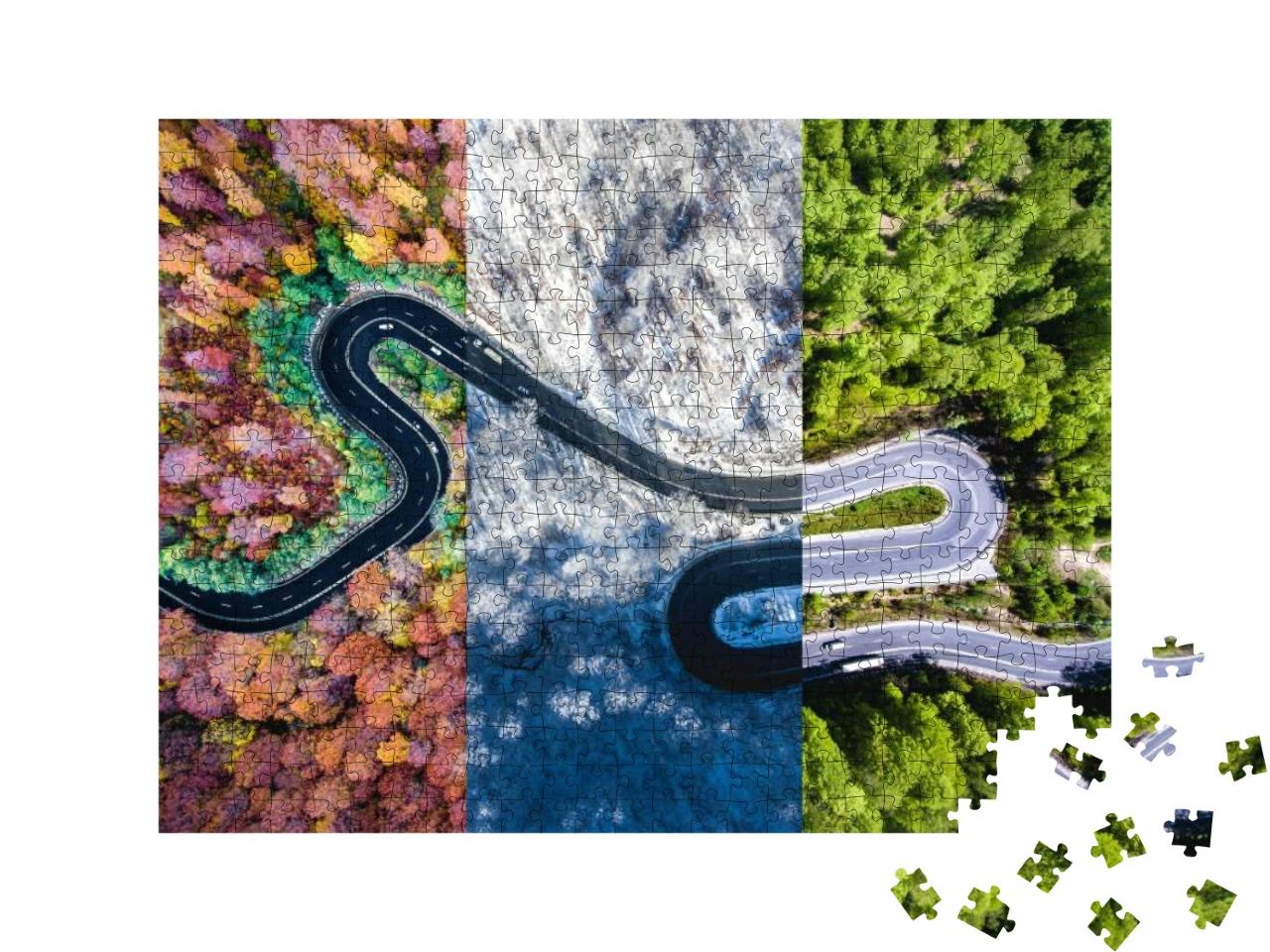 Puzzle 500 Teile „Kurvenreiche Straße im Wald durch die Jahreszeiten“