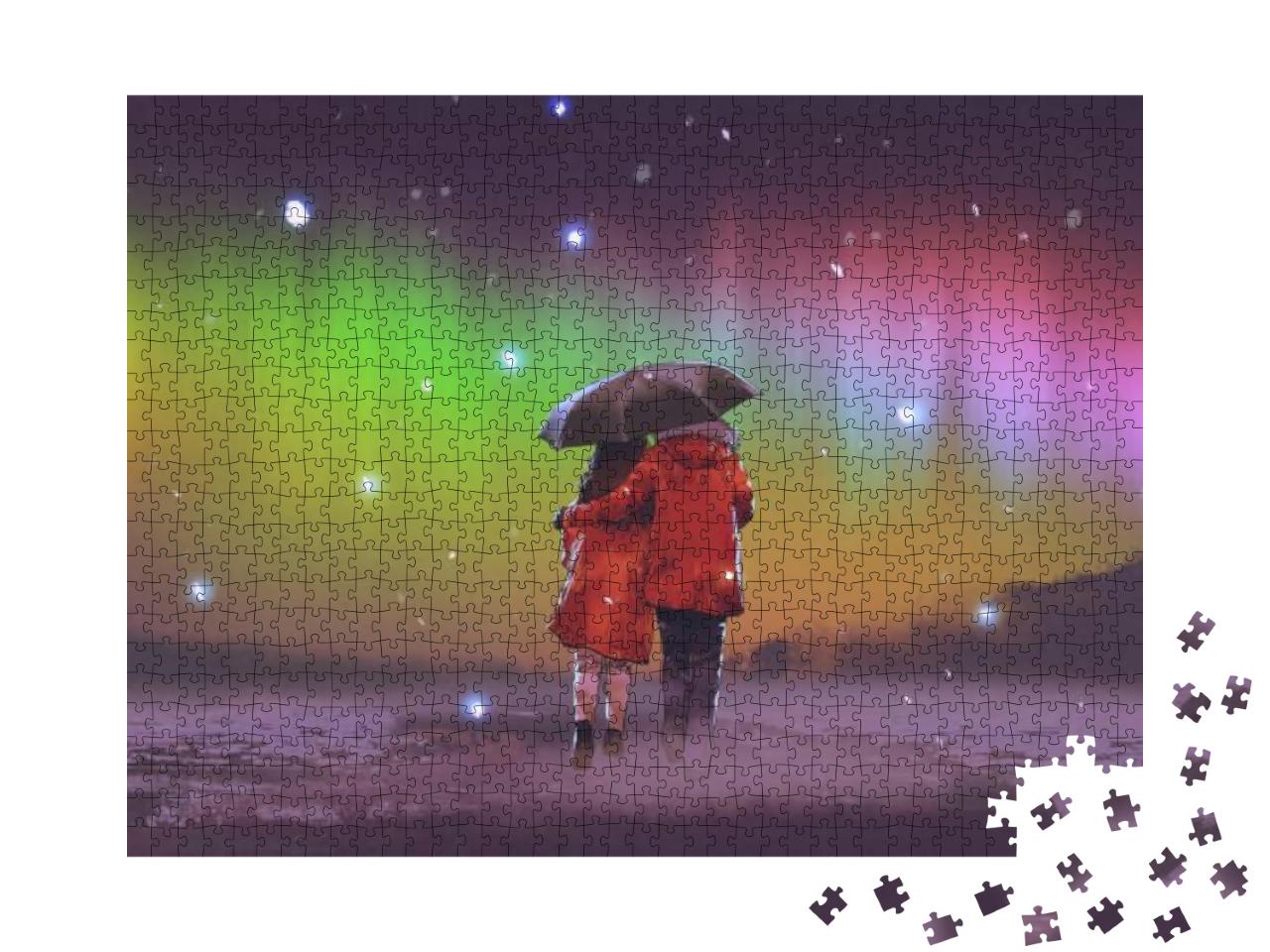 Puzzle 1000 Teile „Paar unter einem Regenschirm beim Spaziergang unter Nordlichtern“