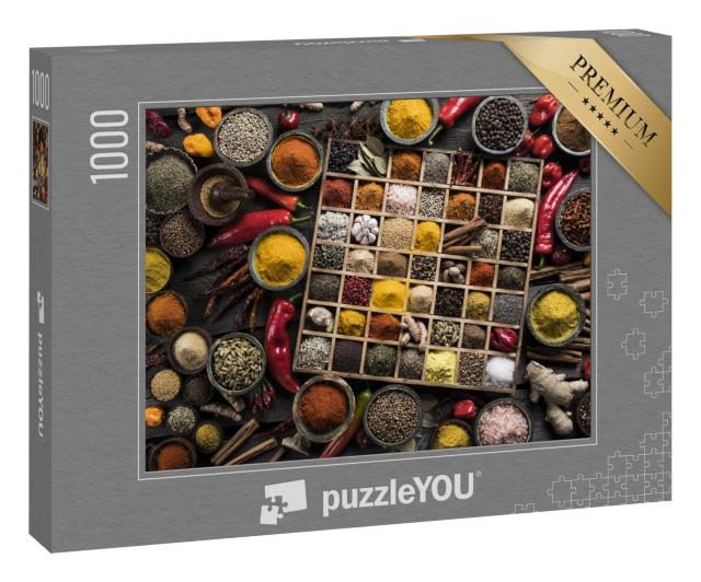 Puzzle 1000 Teile „Holzkiste mit diversen Gewürzen und Kräutern“