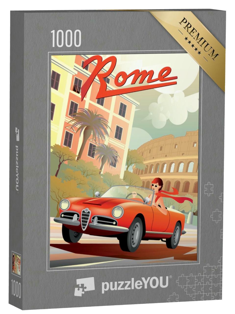 Puzzle 1000 Teile „Junge Frau fährt rotes Retro-Auto in Rom“
