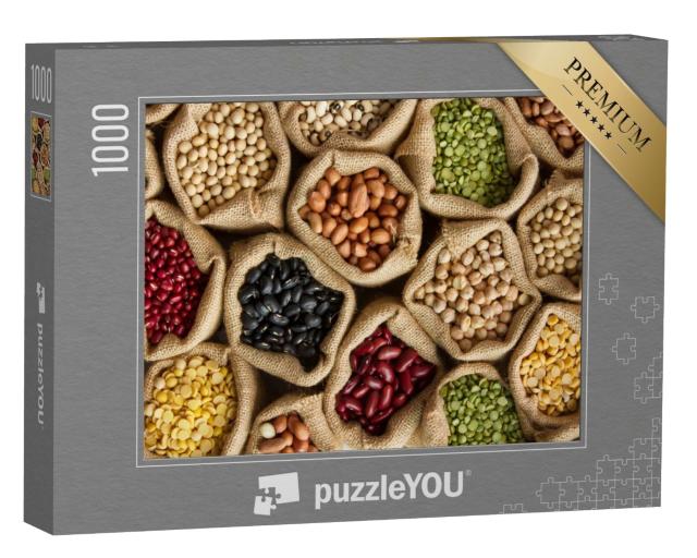 Puzzle 1000 Teile „Verschieden bunte Hülsenfrüchte in Säcken“