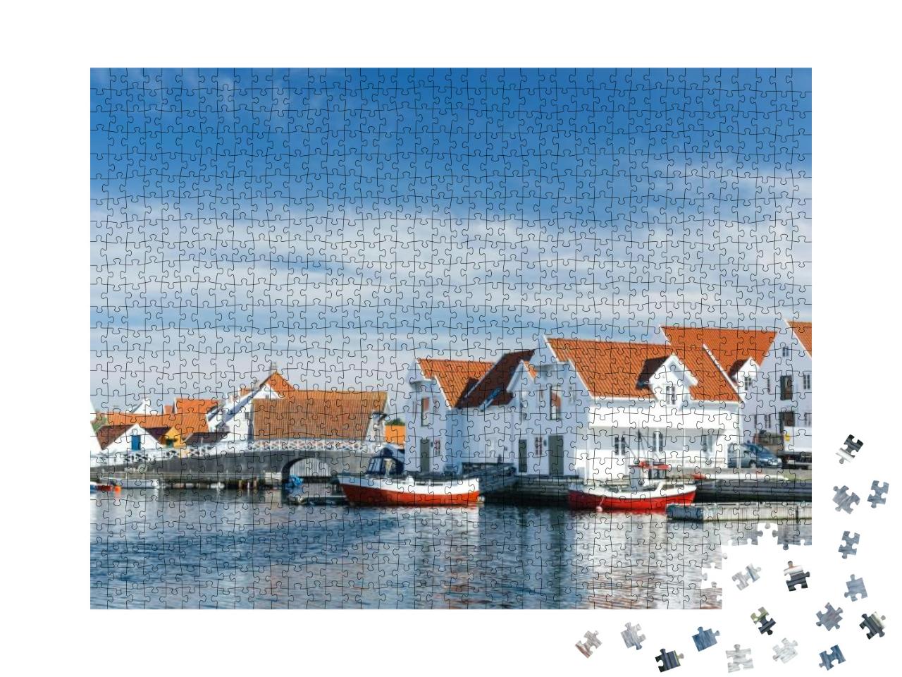 Puzzle 1000 Teile „Skudeneshavn Dorf, weiße Holzhäuser in Norwegen“