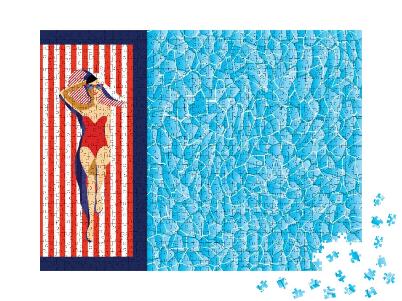 Puzzle 1000 Teile „Illustration einer jungen Frau am Pool mit Sonnenbrille “