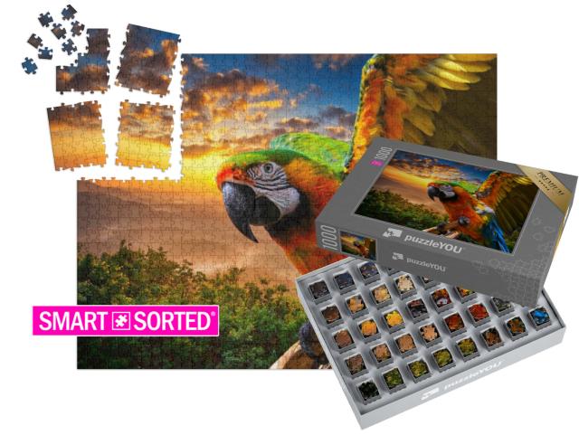 Puzzle „Prächtige Farben der Natur: Ara im Sonnenuntergang“ | SMART SORTED® 1000 Teile