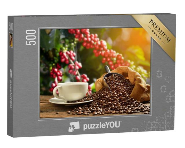 Puzzle 500 Teile „Dampfende Tasse Kaffee mit Kaffeebohnen “