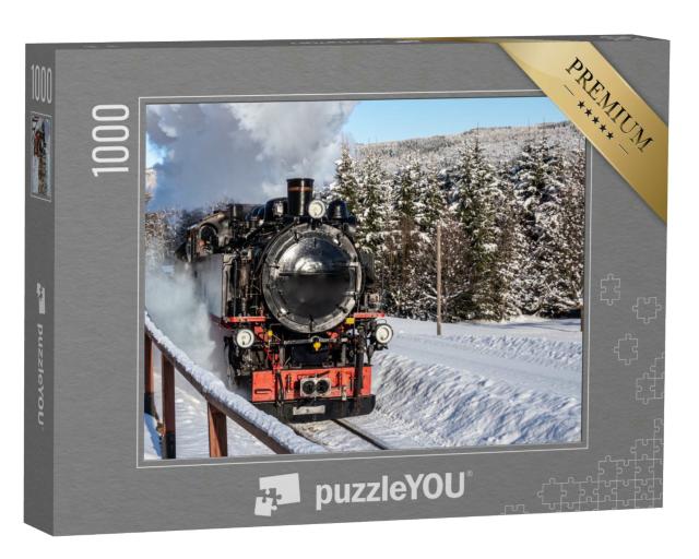 Puzzle 1000 Teile „Historische Dampflokomotive im winterlichen Erzgebirge“