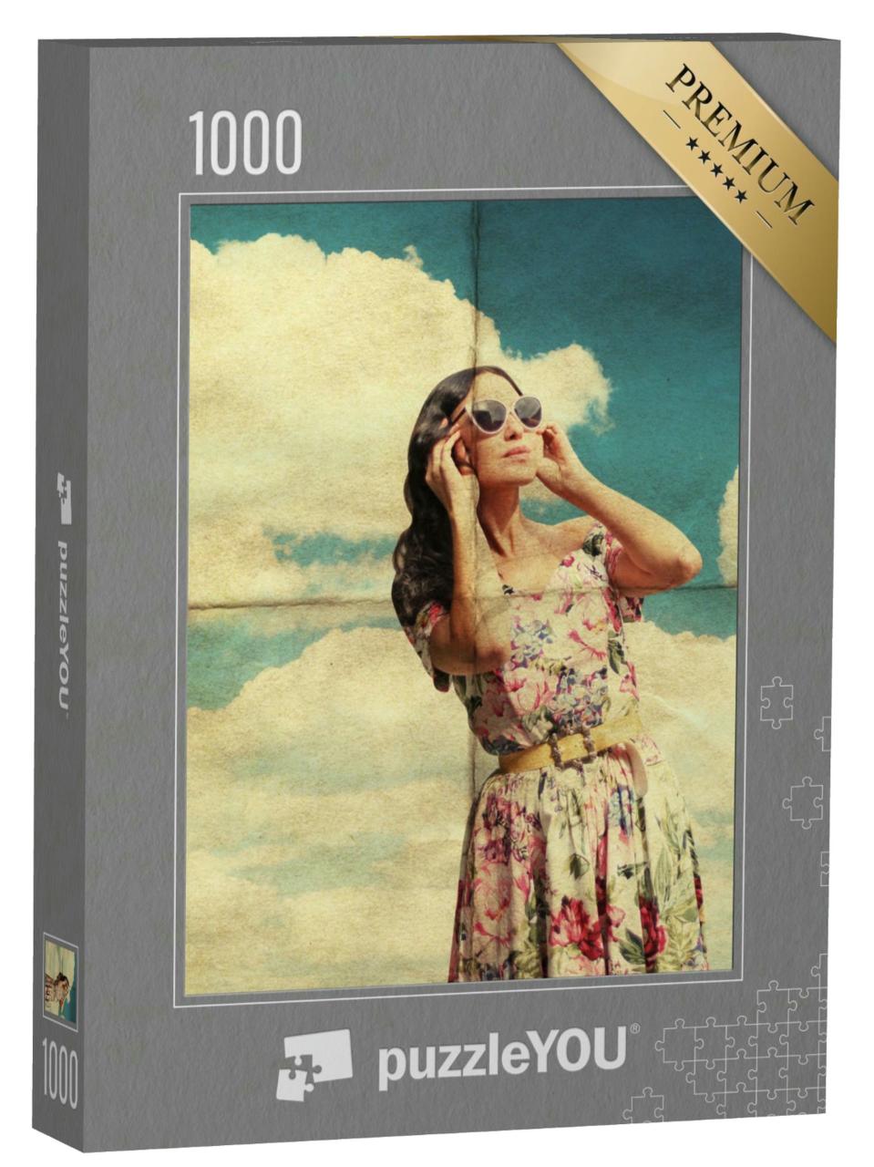 Puzzle 1000 Teile „Junge Frau mit Sonnenbrille im Retro-Kleid“