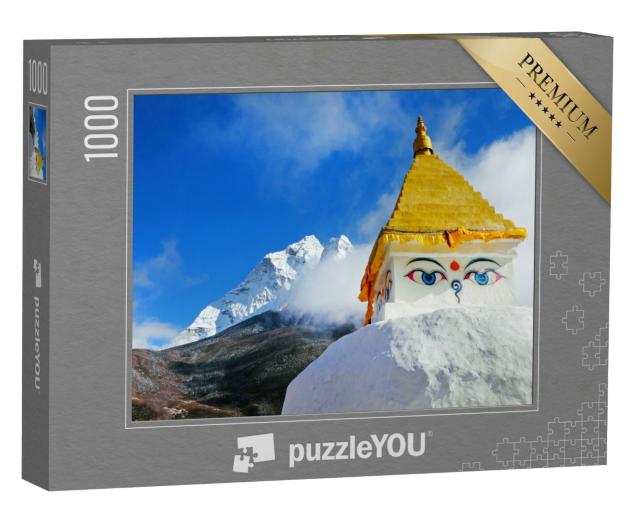 Puzzle 1000 Teile „Buddhistische Stupa und Gebetsfahnen, dahinter die Berge des Himalaya“