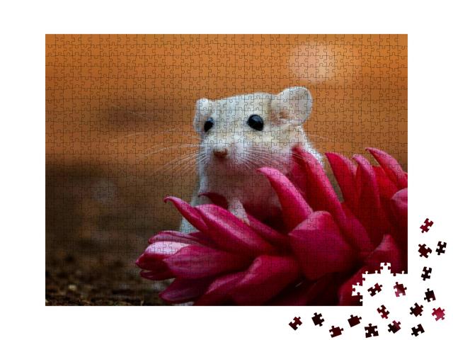Puzzle 1000 Teile „Niedliche Wüstenrennmaus auf rosa Blüte“