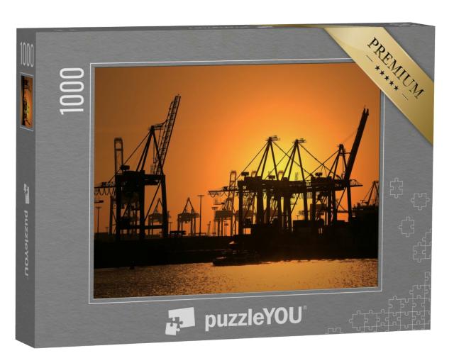 Puzzle 1000 Teile „Hafenkräne am Containerterminal im Sonnenuntergang am Hamburger Hafen“