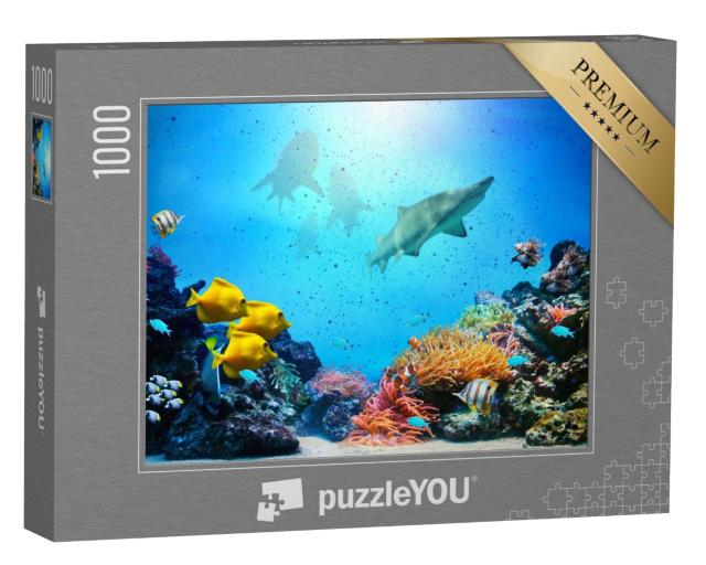 Puzzle 1000 Teile „Korallenriff mit einer bunten Fischgruppe und Haien“