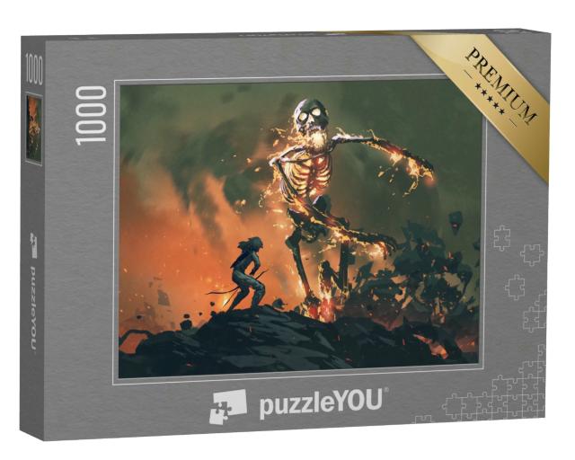 Puzzle 1000 Teile „Mann mit einem Bogen kämpft mit einem flammenden Skelett, digitale Kunst“