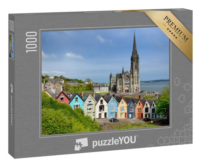 Puzzle 1000 Teile „Bunte Reihenhäuser vor der Kathedrale von Cobh, County Cork, Irland“