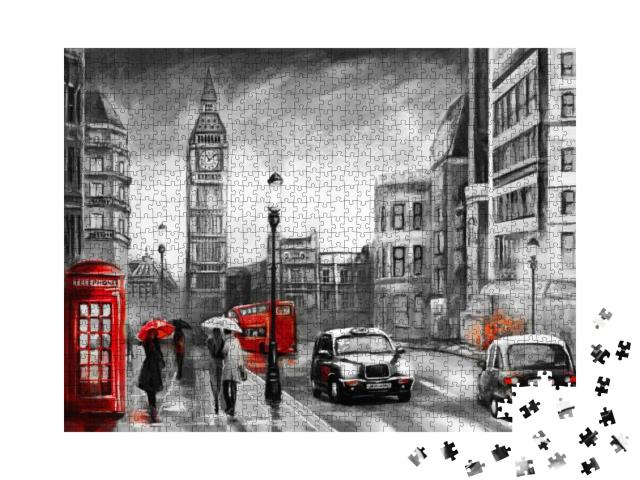 Puzzle 1000 Teile „Ölgemälde mit Straßenansicht aus London: Paar mit Regenschirm vor dem Big Ben“