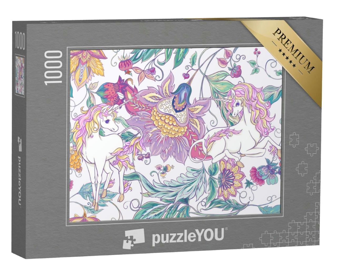 Puzzle 1000 Teile „Illustration: Einhörner und Blumen im Vintage-Style “
