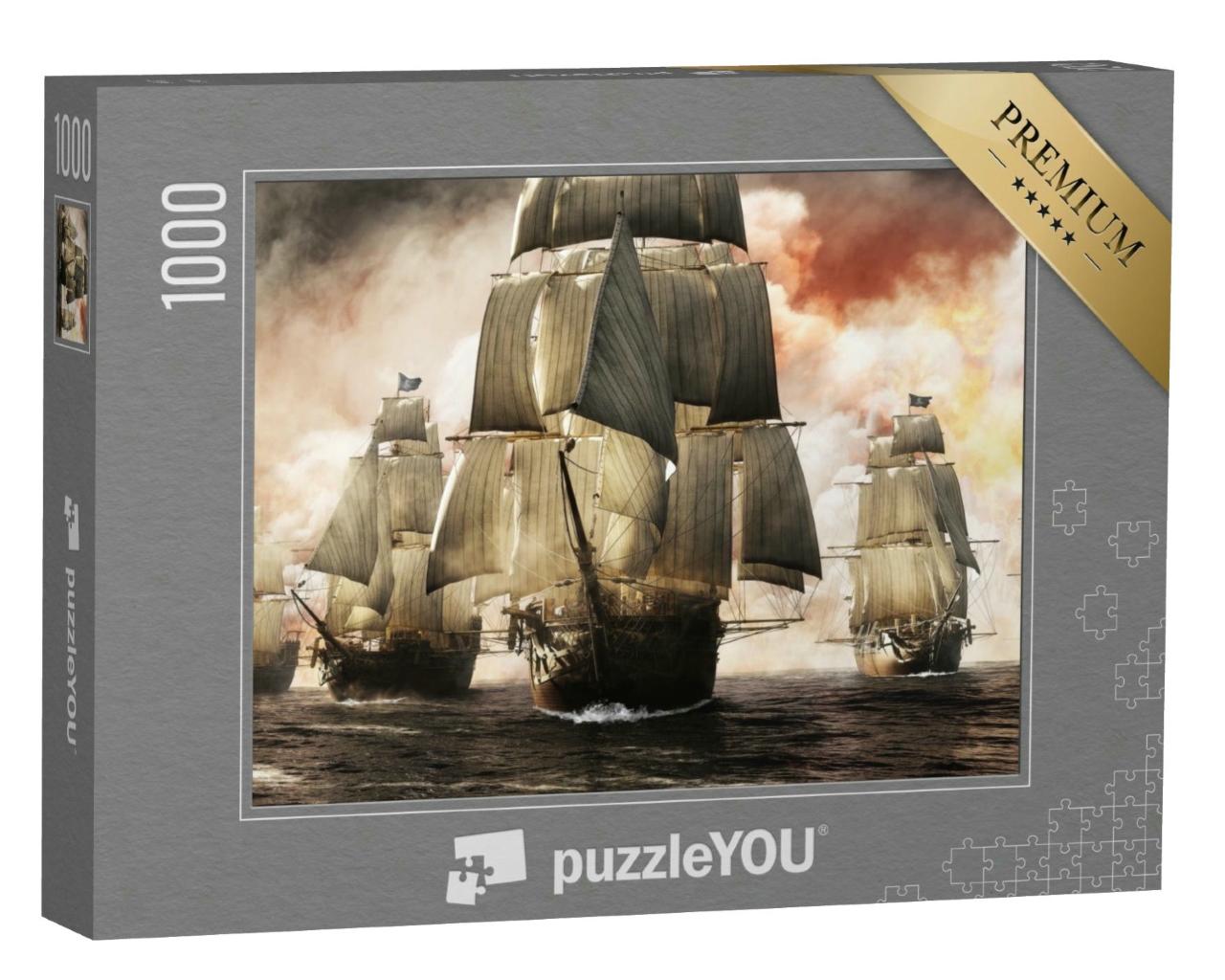 Puzzle 1000 Teile „Digitale Kunst: Piratenschiff-Flotte nach erfolgreichen Raubzug“