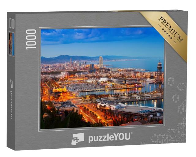 Puzzle 1000 Teile „Panorama von Barcelona mit Hafen bei Nacht, Spanien“