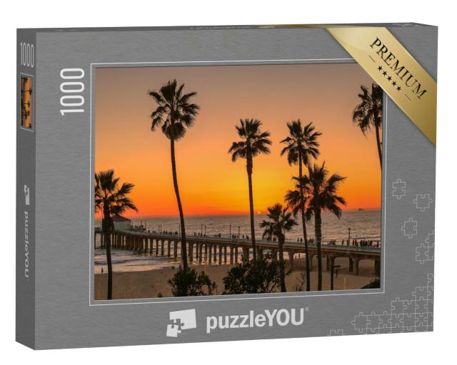 Puzzle 1000 Teile „Palmen am Manhattan Beach bei orangefarbenem Sonnenuntergang und Pier in Kalifornien, Los Angeles, USA.“