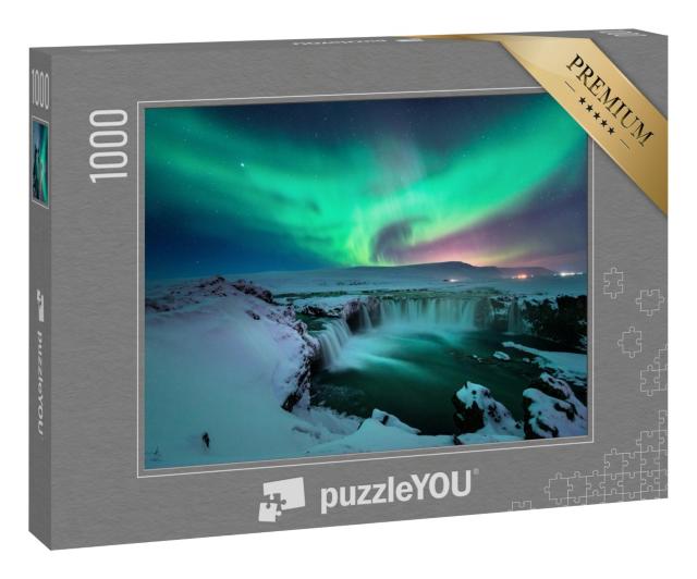 Puzzle 1000 Teile „Polarlichter über dem Godafoss-Wasserfall im winterlichen Island“